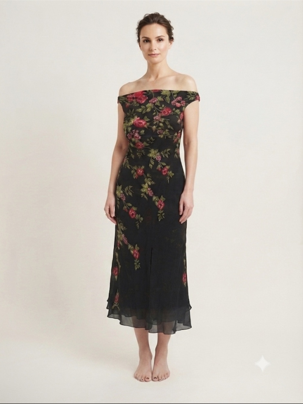 Paradise NY Black Pink / Green Floral Chiffon Bias Cut Beaded Maxi Fairy Dress